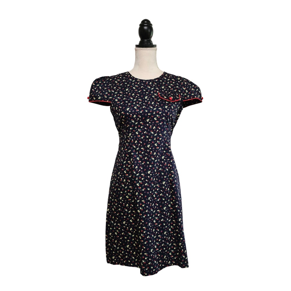 NWT Trollied Dolly Retro Navy Cherry Print Tie-Back Dress Size M/L Quirky Pinup